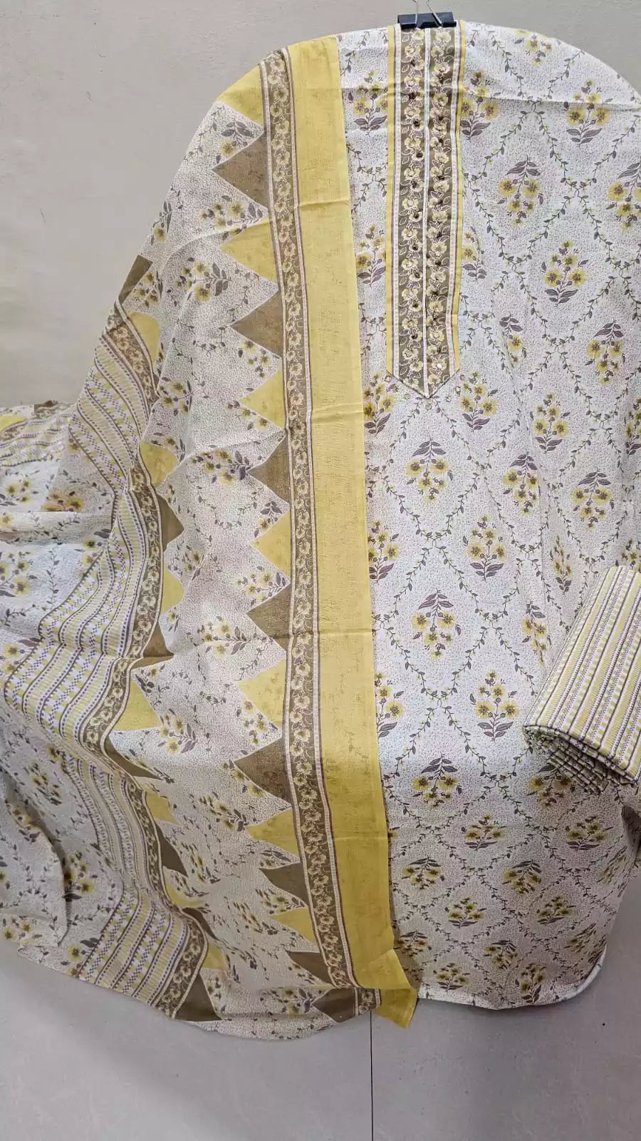 Unstitched Suit with Neck Embroidery & Cotton Dupatta