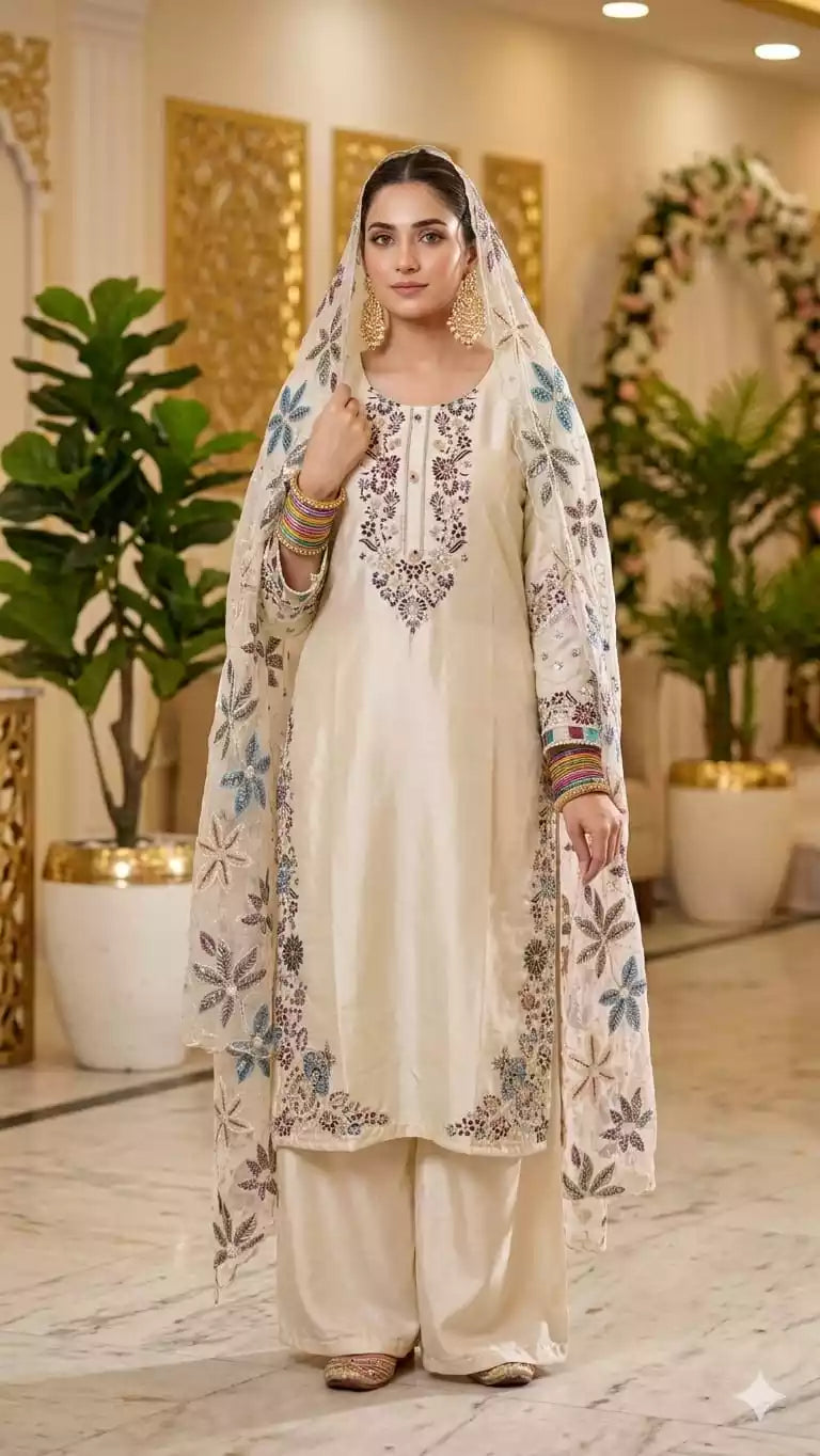 Women's Jimmy Choo Pakistani embroidered designer suit with plazzo and organza dupatta by ASC Fashion Store.