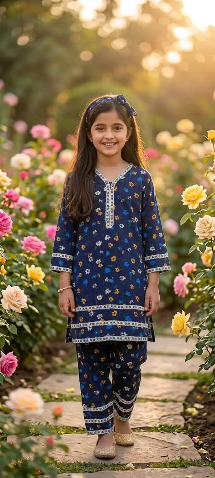 Blue Floral Karachi Lace Co-Ord Set