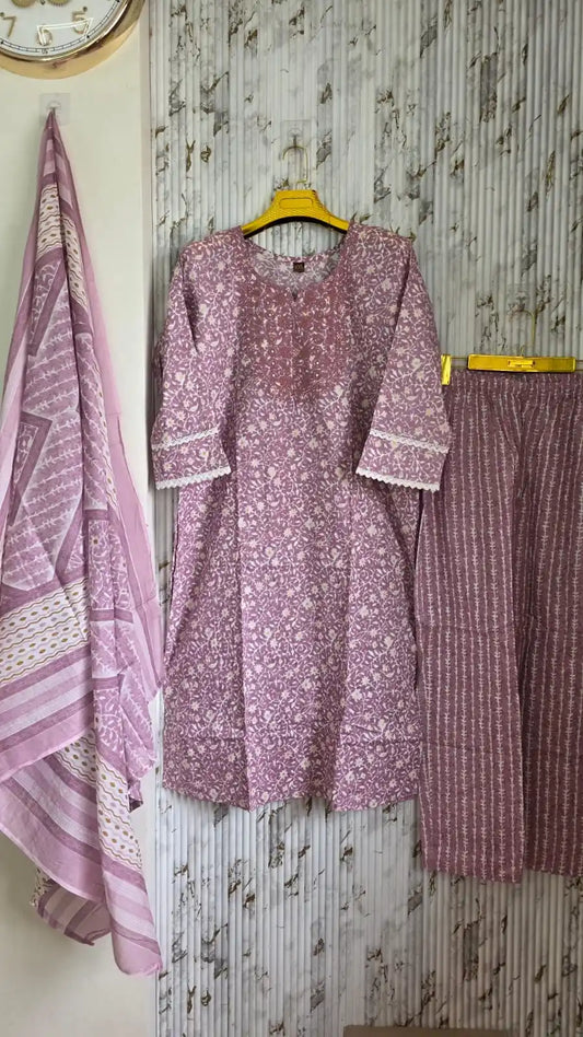 Purple traditional printed cotton pant set