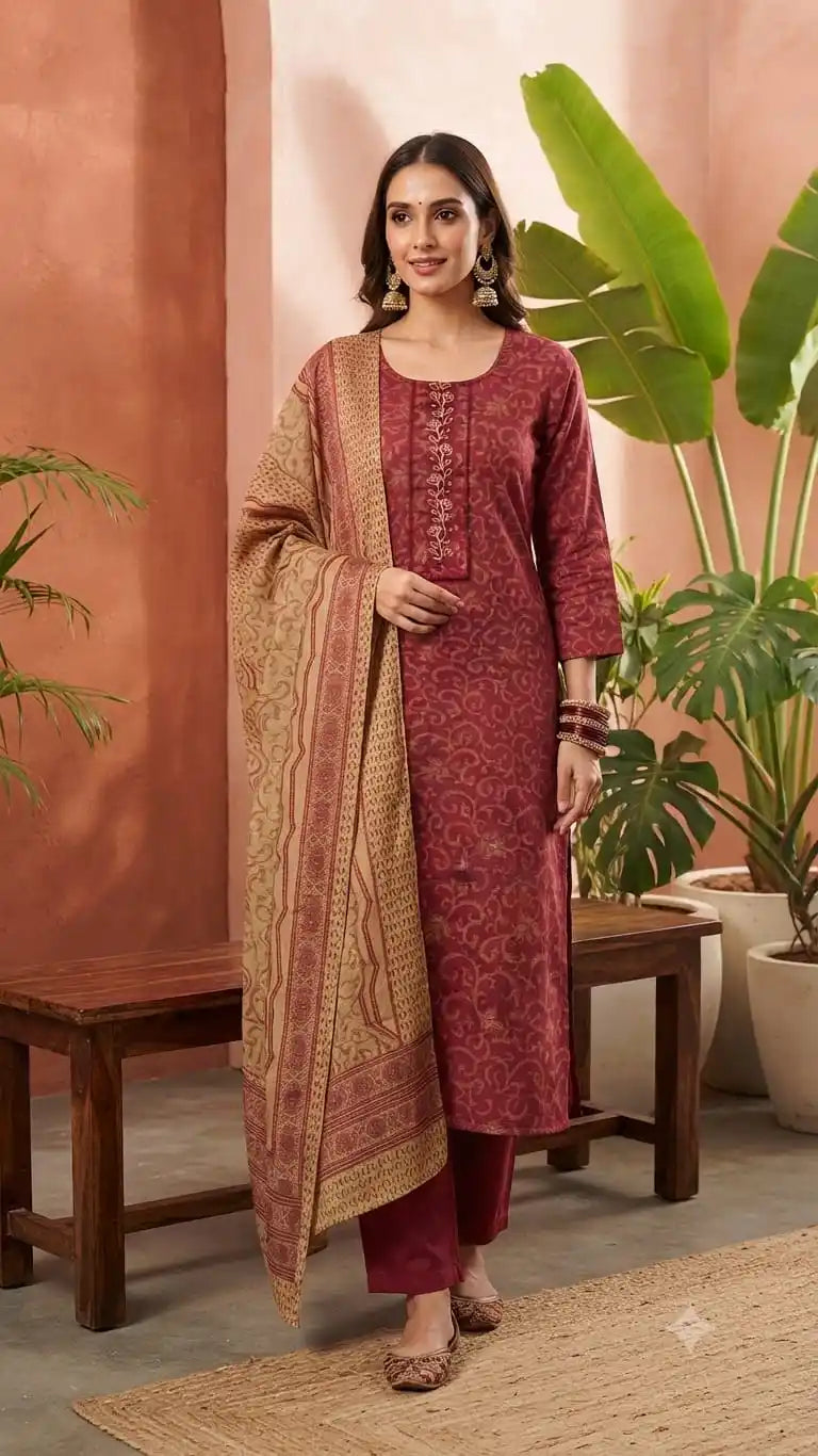 Readymade cotton suit with plazo in rich maroon color featuring embroidery design and elegant dupatta.
