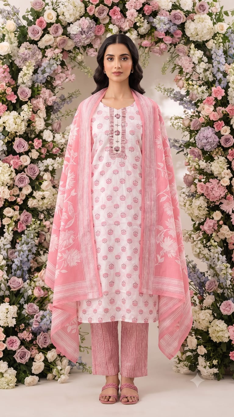 Model showcasing a pink printed cotton pant set, featuring a floral dupatta and elegant straight pants.