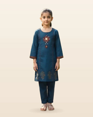 Girls Ajrak Tapla Embroidered Cotton Kurta Pant Set by ASC