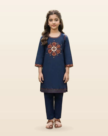 Kids Ajrak Pattern Embroidered Cotton Kurta Pant Set by ASC