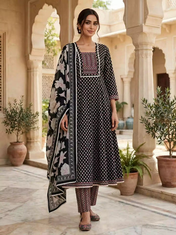 Black Anarkali Pattern With Jaipuri Kamal Buti Print & Mirror Work Yoke By ASC