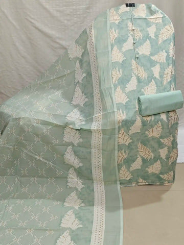 Elegant Mint Green Leaf Print Cotton Unstitched Suit with printed Dupatta