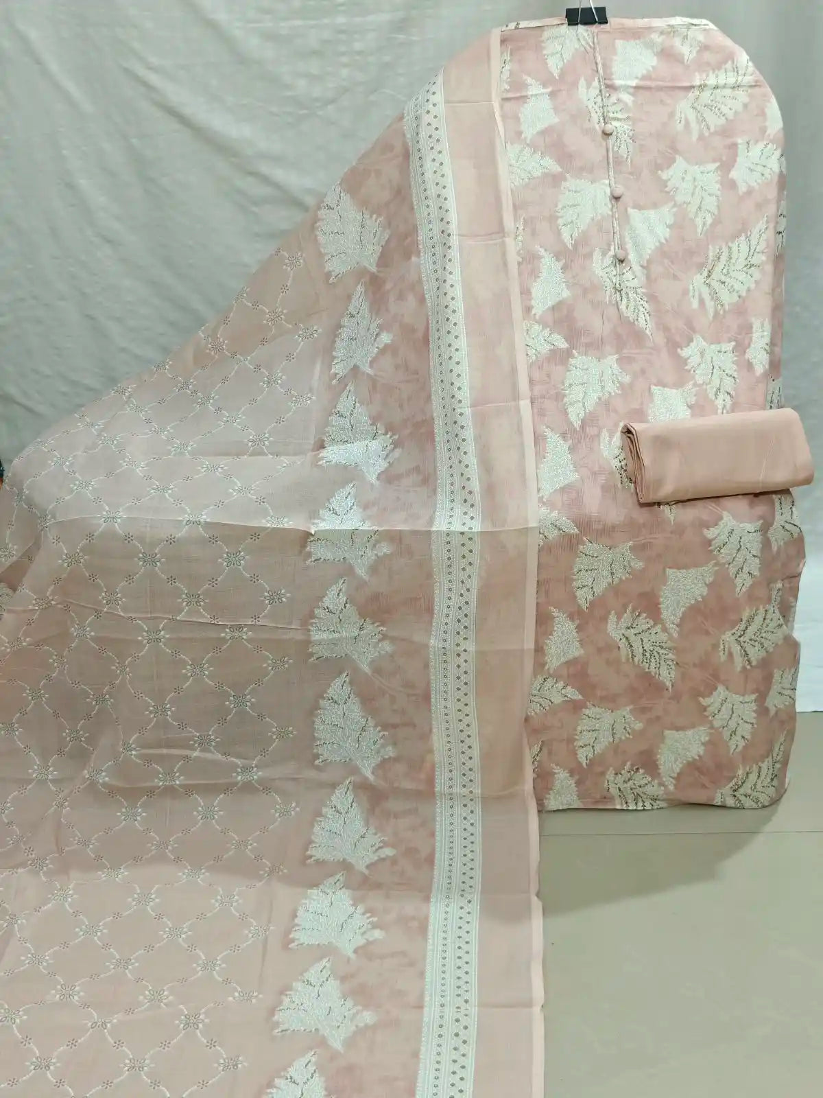 Elegant Peach Pink Leaf Print Cotton Unstitched Suit with Printed Dupatta - ASC Fashion Store