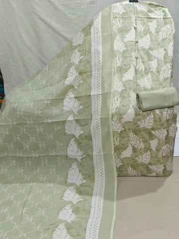 Elegant Sage Green Leaf Print Cotton Unstitched Suit with printed Dupatta