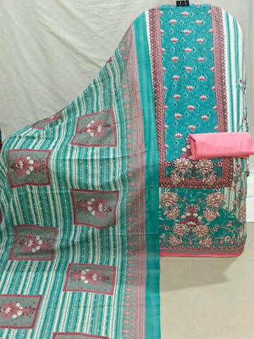 Teal Green Printed Cotton Unstitched Suit Set with Solid Pink Bottom & Printed Dupatta