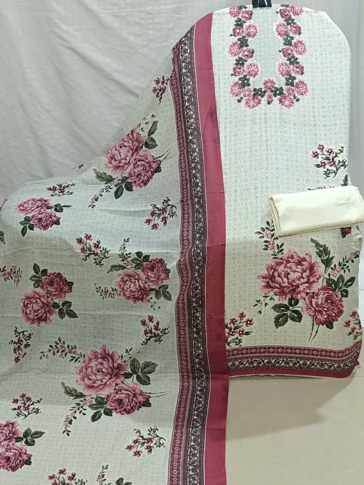 Cream Base Floral Printed Top & Plain Bottom and Printed Dupatta Unstitched Suit - ASC Fashion Store