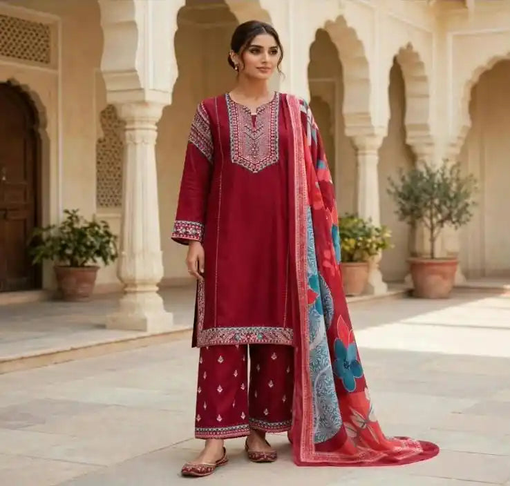Wine Red Straight Fit Kurta with Multicolour Traditional Embroidery Designer Suit - ASC Fashion Store
