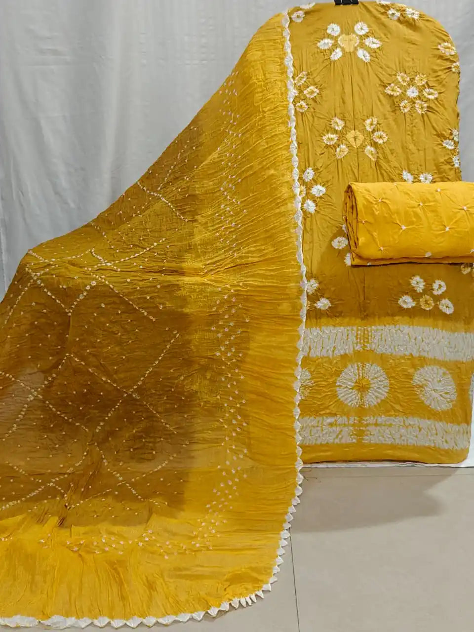 Mustard Yellow Bandhani Print Dress Material 2292 - unstitched kurta, bottom and two-tone shaded dupatta