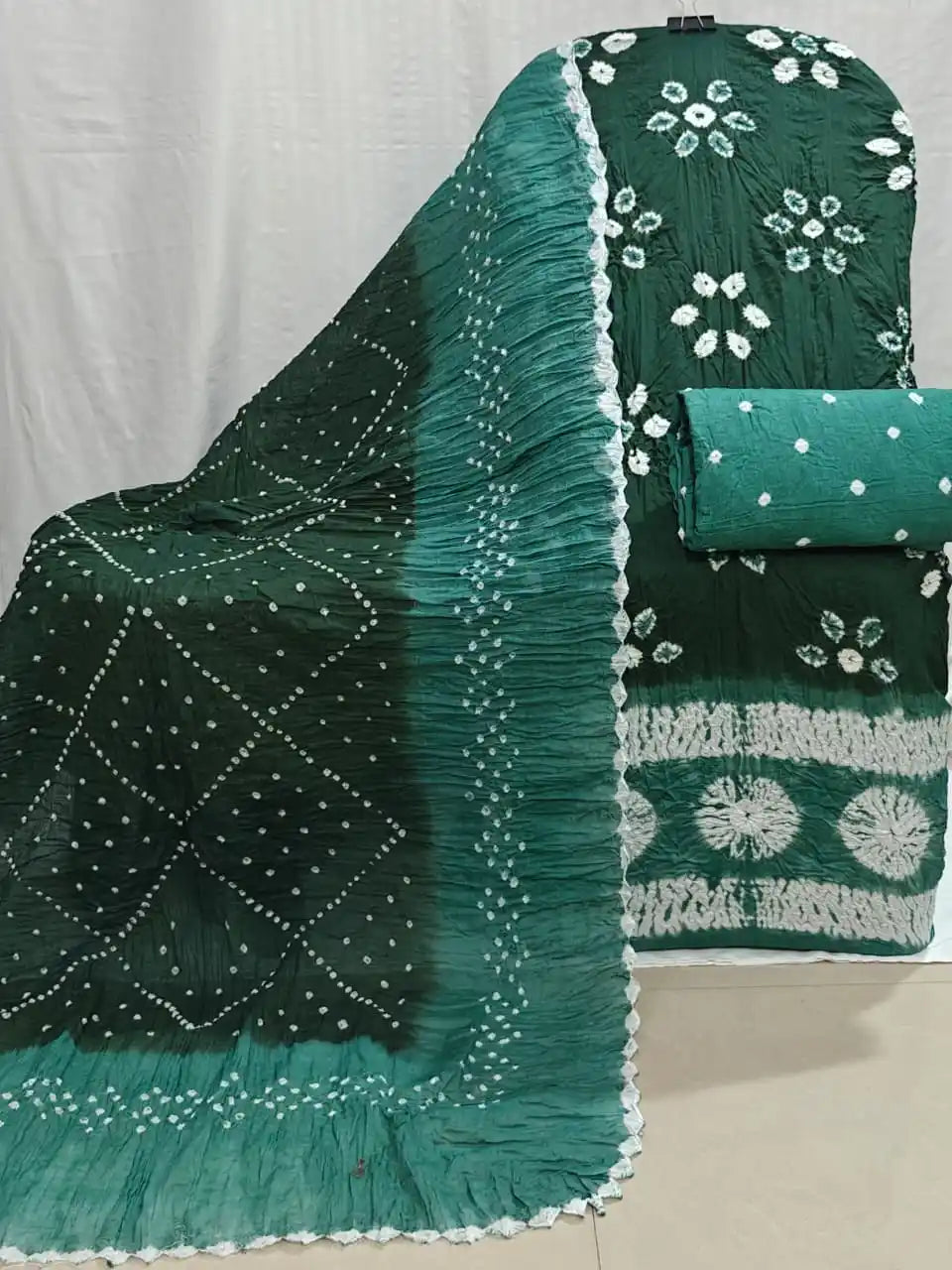 Bottle Green Bandhani Print Dress Material 2297 - unstitched kurta, bottom and two-tone shaded dupatta