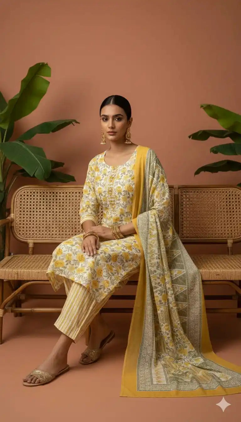 Readymade Block Print Cotton Suit With Cotton Dupatta
