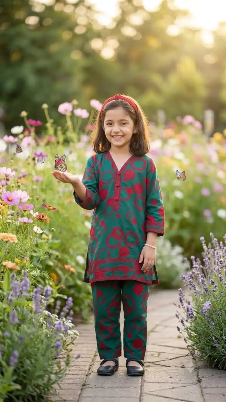 Green Red Motif Karachi Lace Set