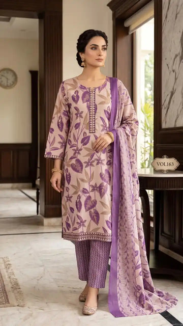 Cotton Embroidered Suit with Pant & Printed Dupatta by ASC