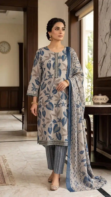 Cotton Embroidered Suit with Pant & Printed Dupatta by ASC