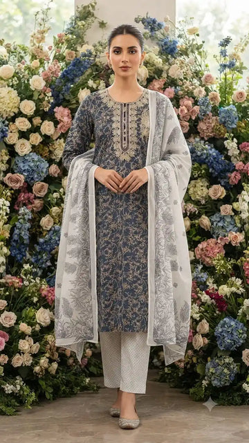 Blue Embroidered Yoke Cotton Pant Set