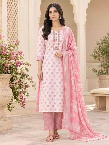 Pink printed cotton straight pant set