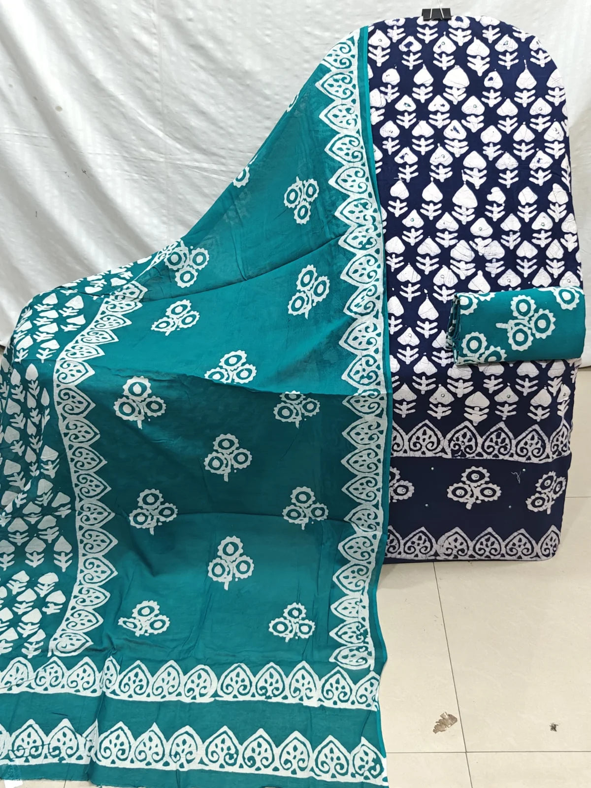 Navy Blue & Teal Leaf Buti Wax Batik Cotton Unstitched Suit By ASC