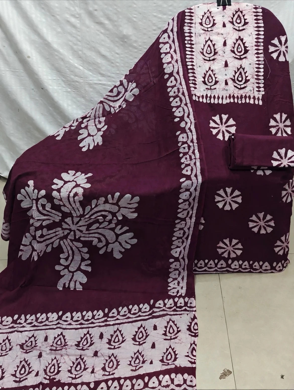 Wine Pinwheel Flower Wax Batik Cotton Unstitched Suit By ASC