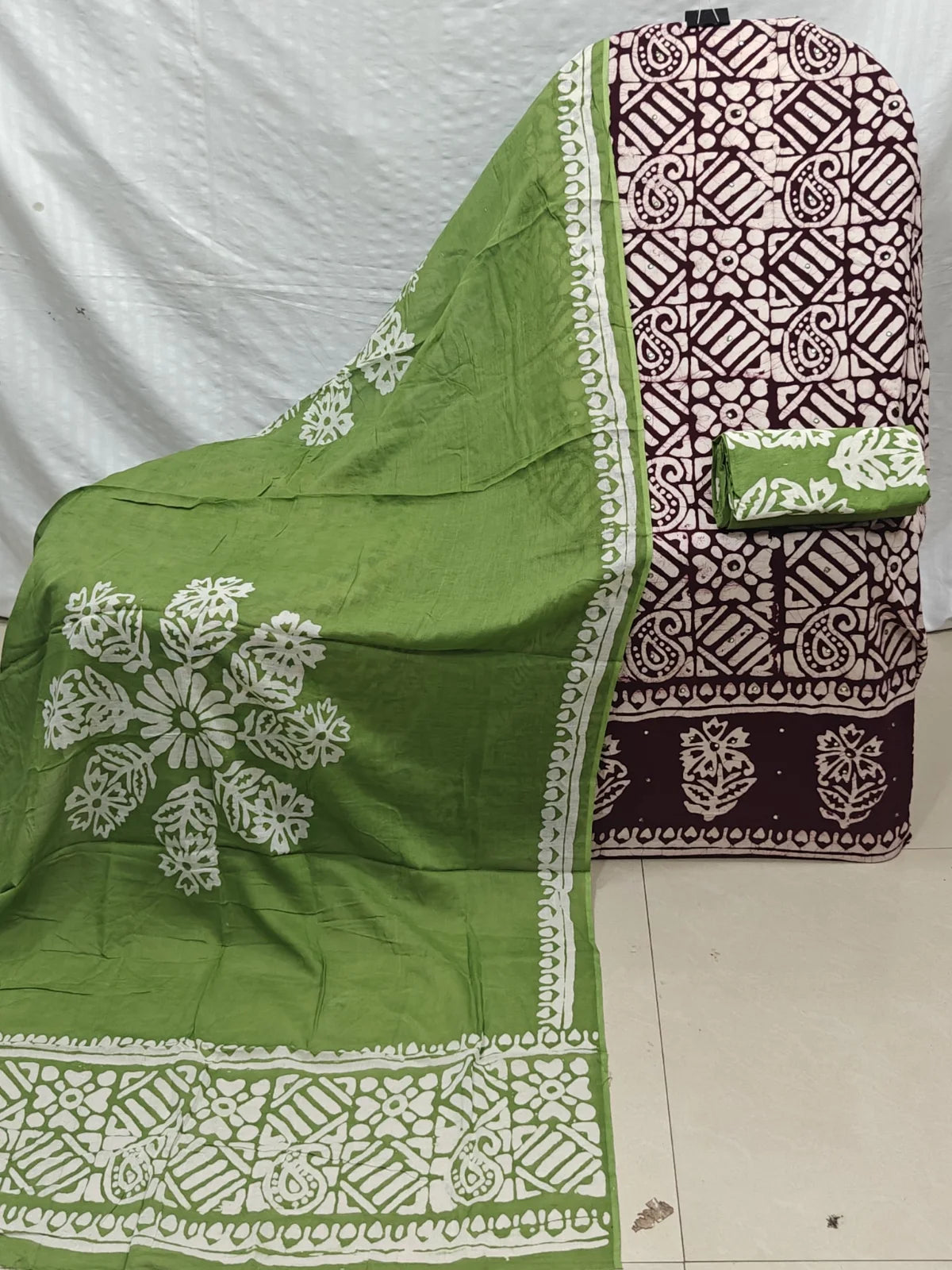 Wine & Green Geometric Paisley Wax Batik Cotton Unstitched Suit By ASC