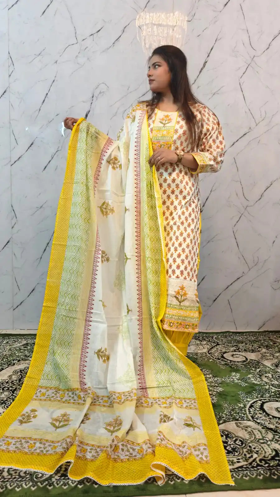 Straight Cut Block Print Cotton Suit With Chikenkari Work & Lining, With Salwar