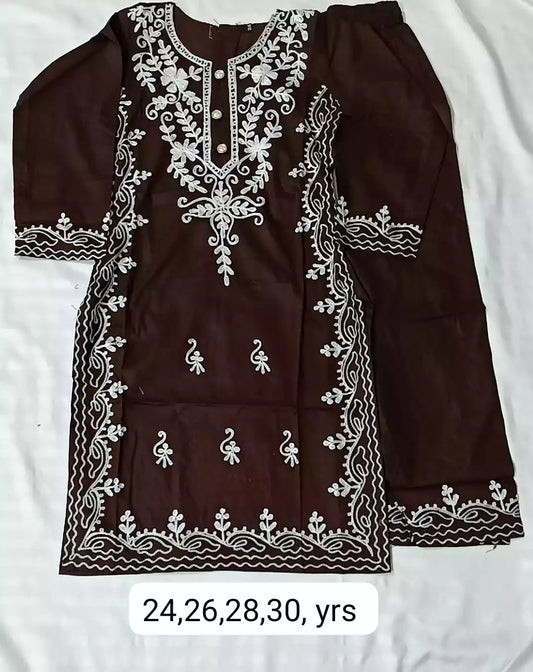 Lucknowi Work Girls Straight Cut Cord Set Kurta Pant