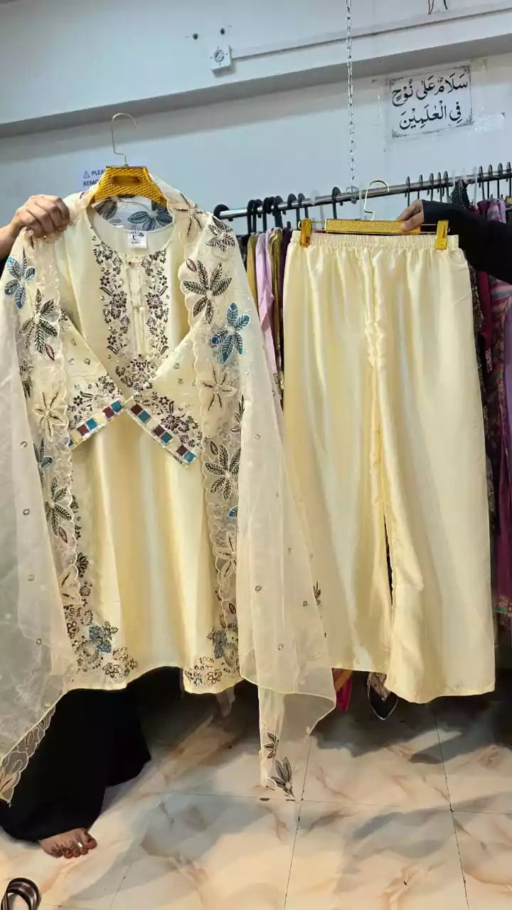 Lahori Style Designer Suit With Cutwork Embroidery & Plazzo