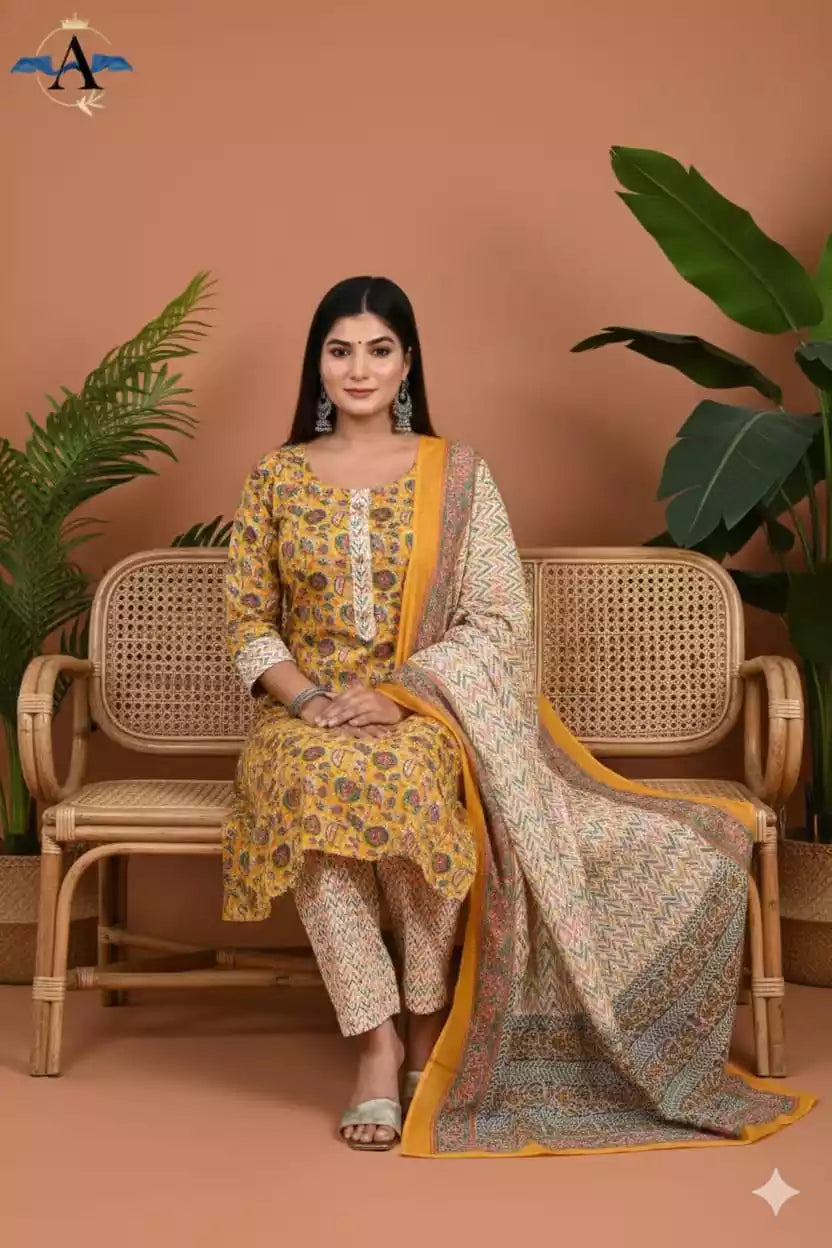 Readymade Block Print Cotton Suit With Cotton Dupatta