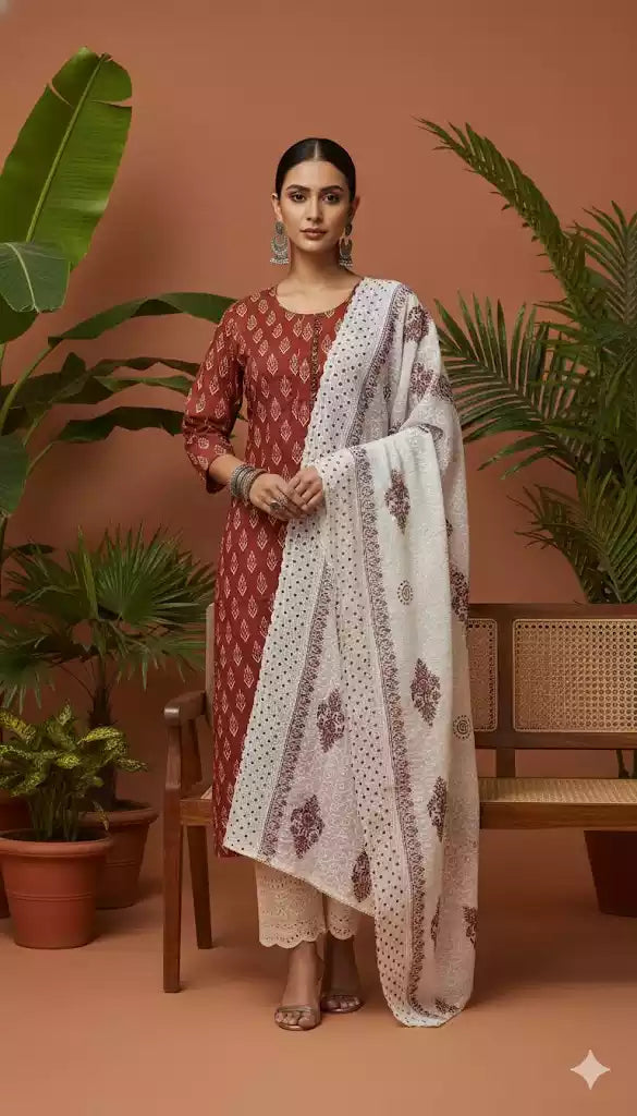 Ikkat Print Straight Cut , Lucknowi Work Pant, Cotton Chikenkari Heavy Dupatta