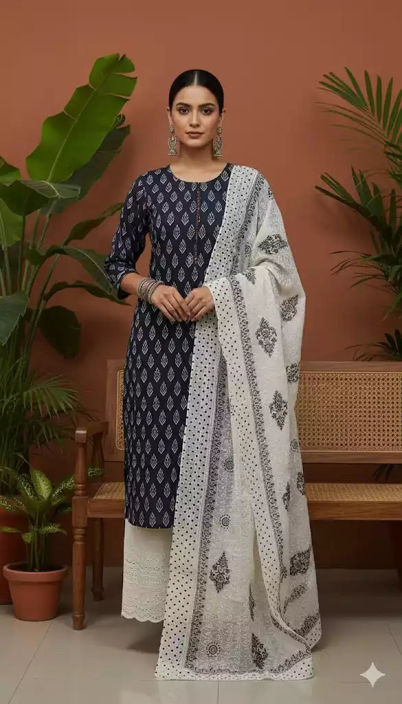 Ikkat Print Straight Cut , Lucknowi Work Pant, Cotton Chikenkari Heavy Dupatta