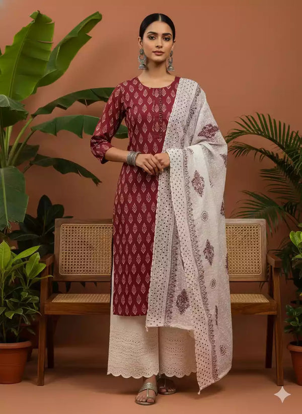 Ikkat Print Straight Cut , Lucknowi Work Pant, Cotton Chikenkari Heavy Dupatta