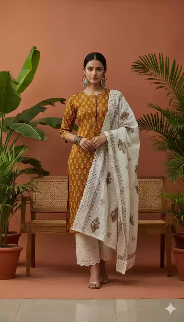 Ikkat Print Straight Cut , Lucknowi Work Pant, Cotton Chikenkari Heavy Dupatta