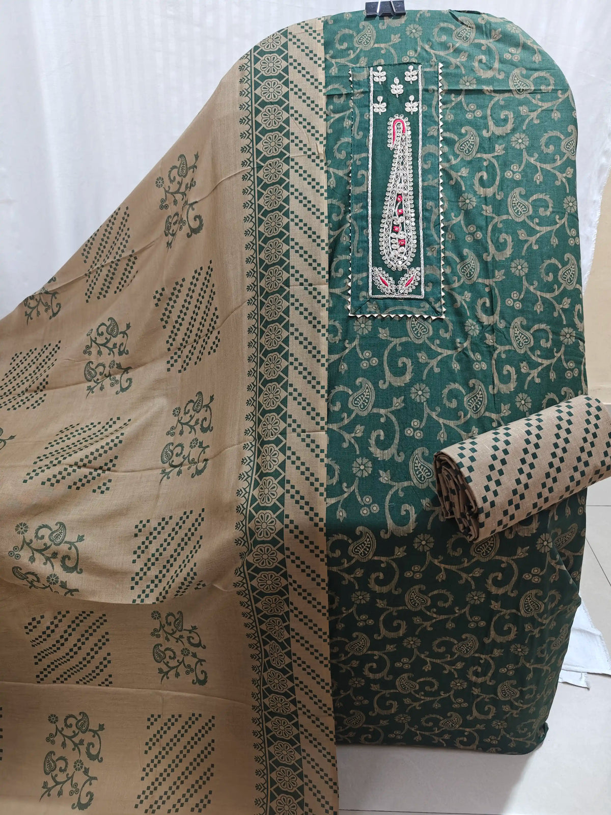Bottle Green Cotton Unstitched Dress Material By ASC