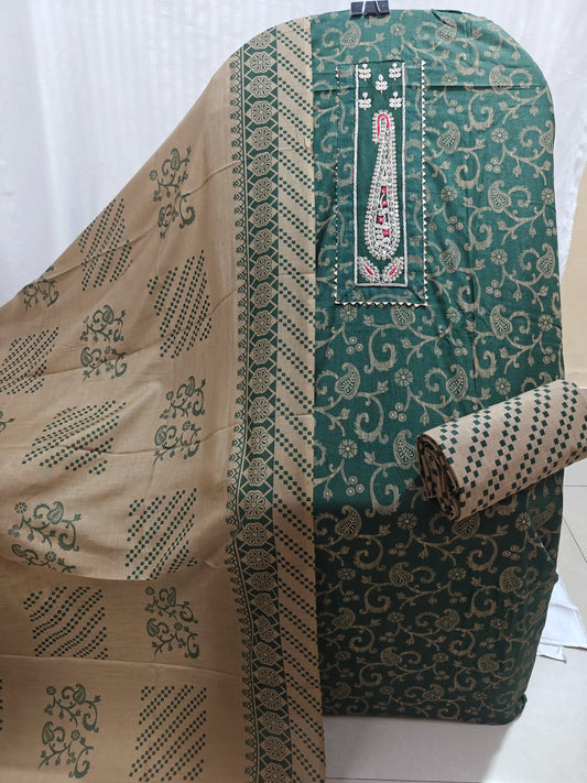 Bottle Green Cotton Unstitched Dress Material By ASC