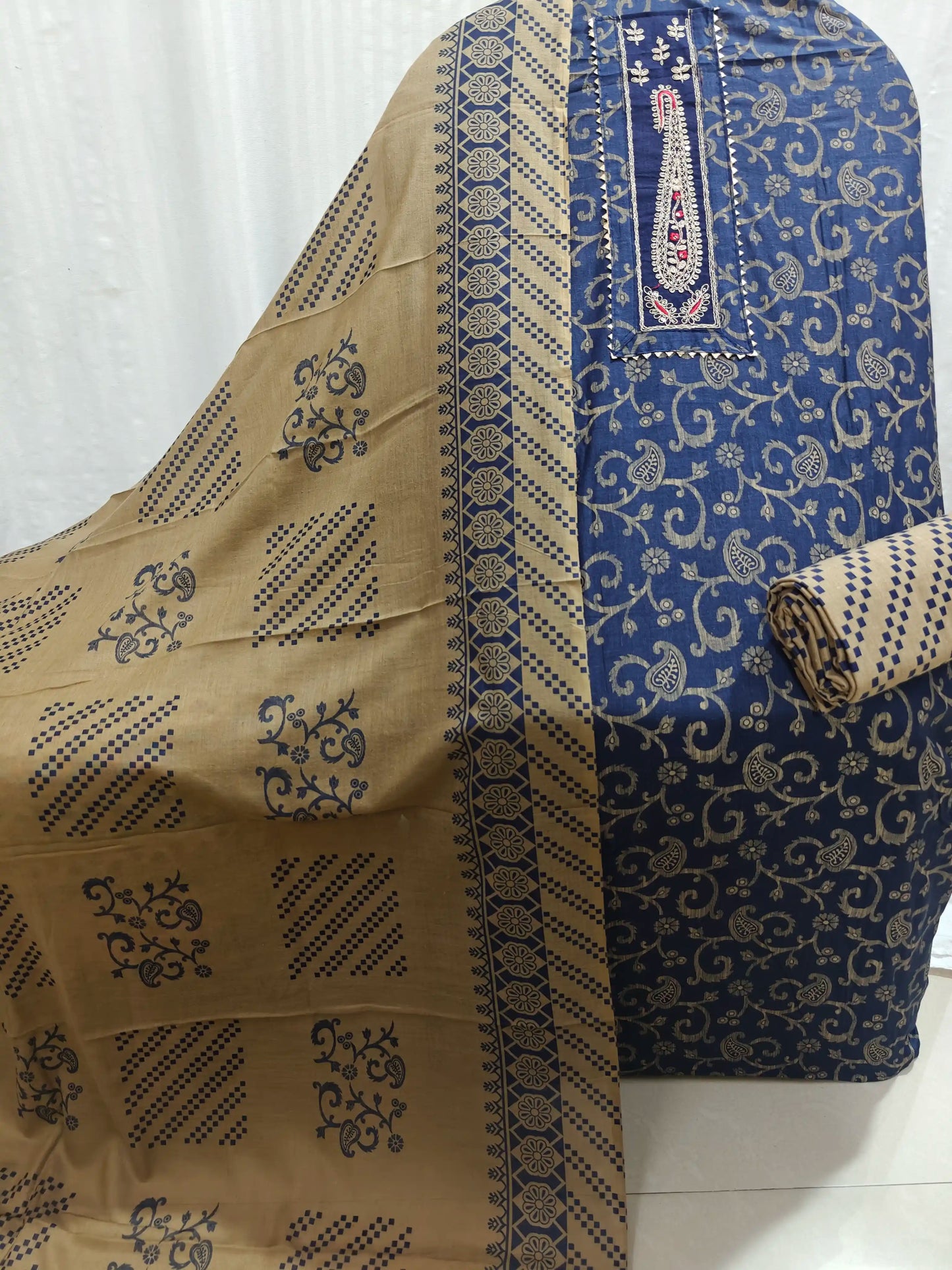 Navy Blue Cotton Unstitched Dress Material By ASC