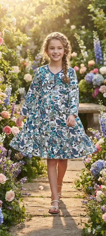 Royal Teal Multi Floral Flared Cotton Frock By ASC