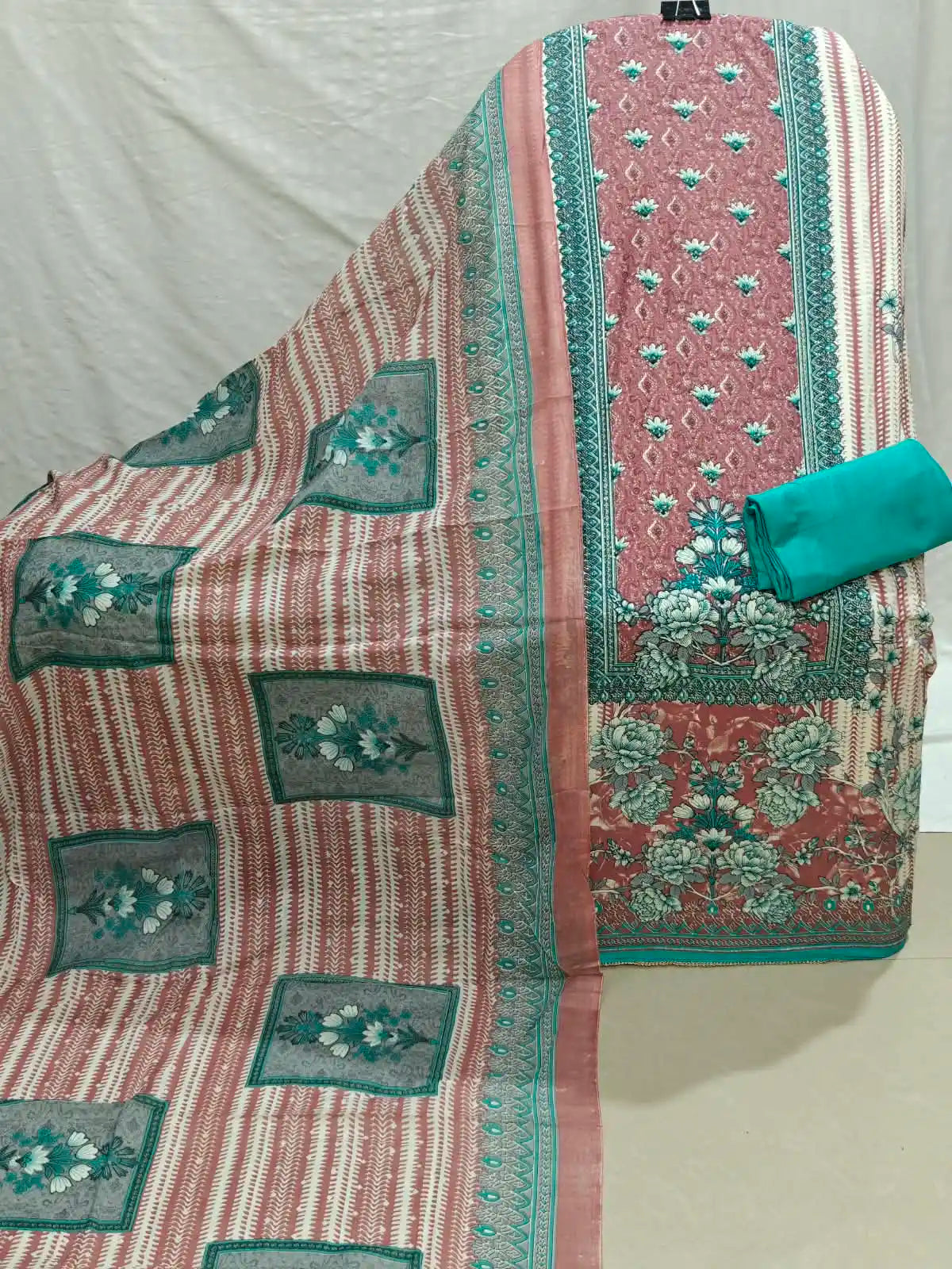 Dusty Rose Floral Printed Teal bottom Unstitched Suit with printed Dupatta