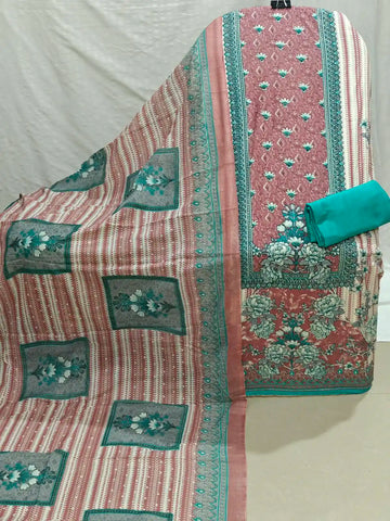 Dusty Rose Floral Printed Teal bottom Unstitched Suit with printed Dupatta