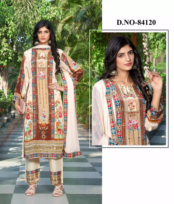 Readymade Pure Crepe Pakistani Print With Embroidery, Crepe Dupatta, Rayon Pant With Miyani