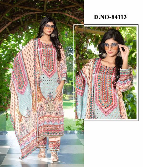 Readymade Pure Crepe Pakistani Print With Embroidery, Crepe Dupatta, Rayon Pant With Miyani