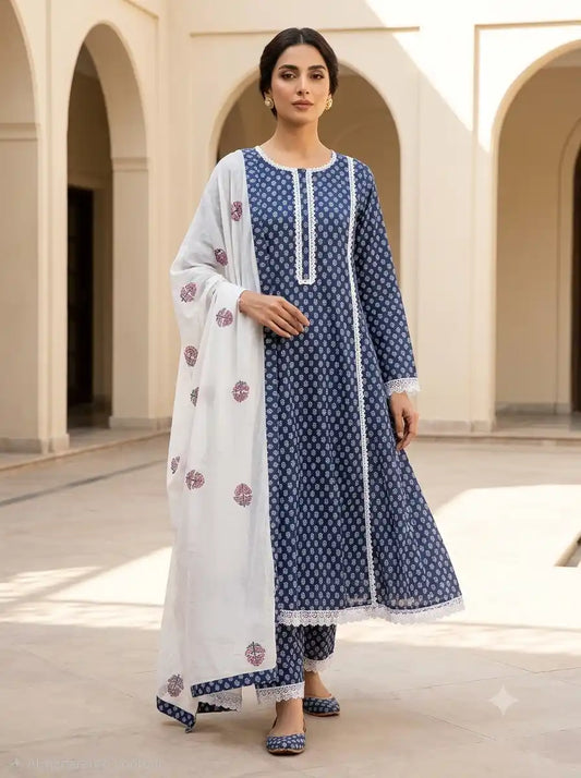 Sanganeri Leaf Print Anarkali crochet lace Style Suit By ASC