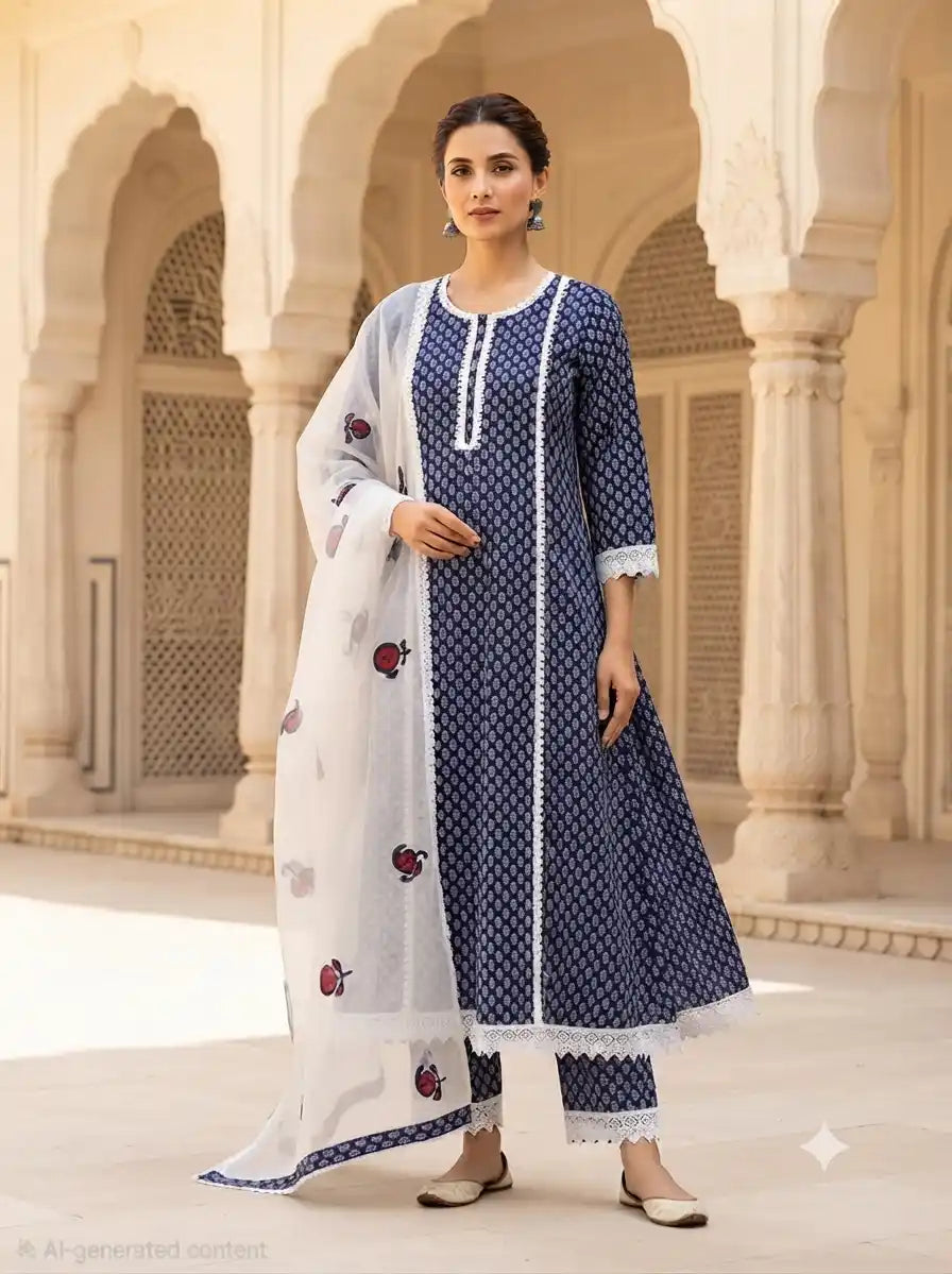 Sanganeri Leaf Print Anarkali crochet lace Style Suit By ASC