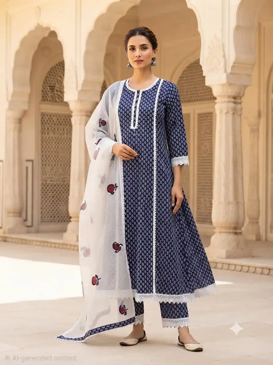Sanganeri Leaf Print Anarkali crochet lace Style Suit By ASC