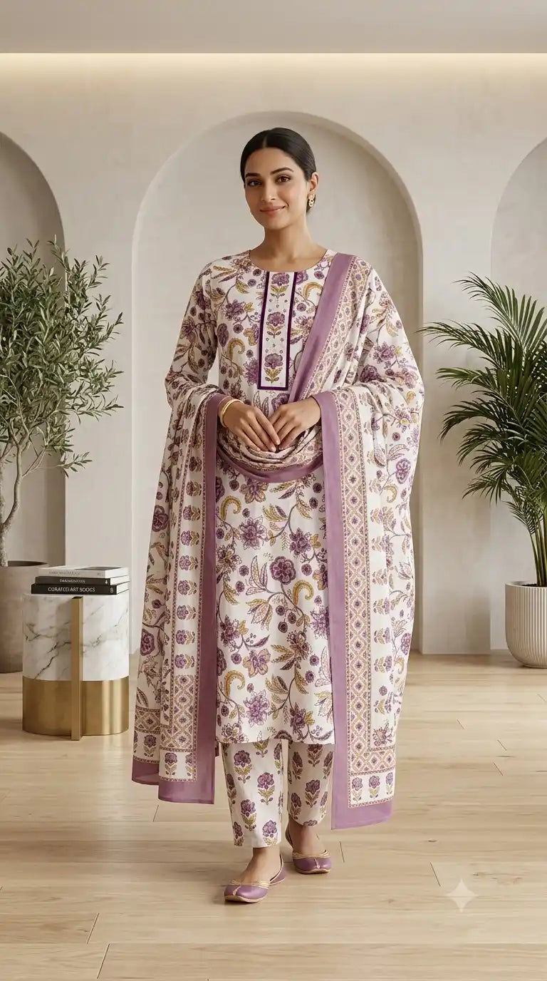 Floral Print Straight Cut Readymade Suit By ASC