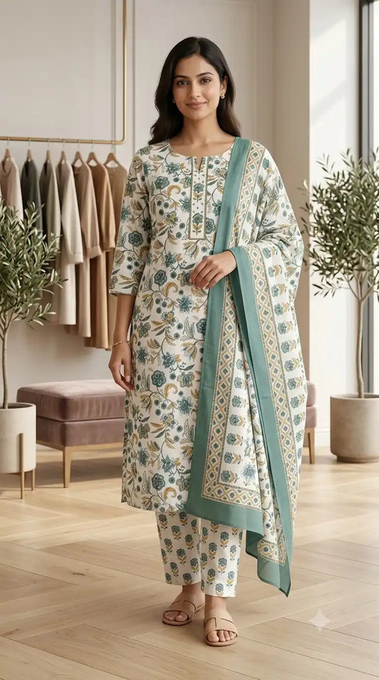 A woman modeling a traditional Indian salwar kameez suit set in a bright, modern room. The set features an off-white kurta and pants with a green and beige floral pattern, paired with a matching green border dupatta.