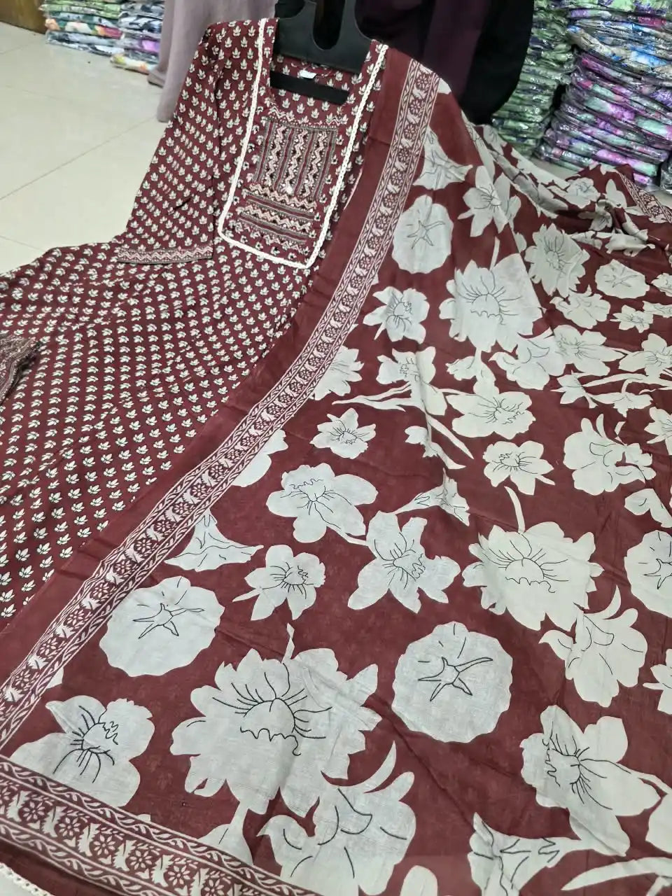Maroon Anarkali Pattern With Jaipuri Kamal Buti Print & Mirror Work Yoke By ASC