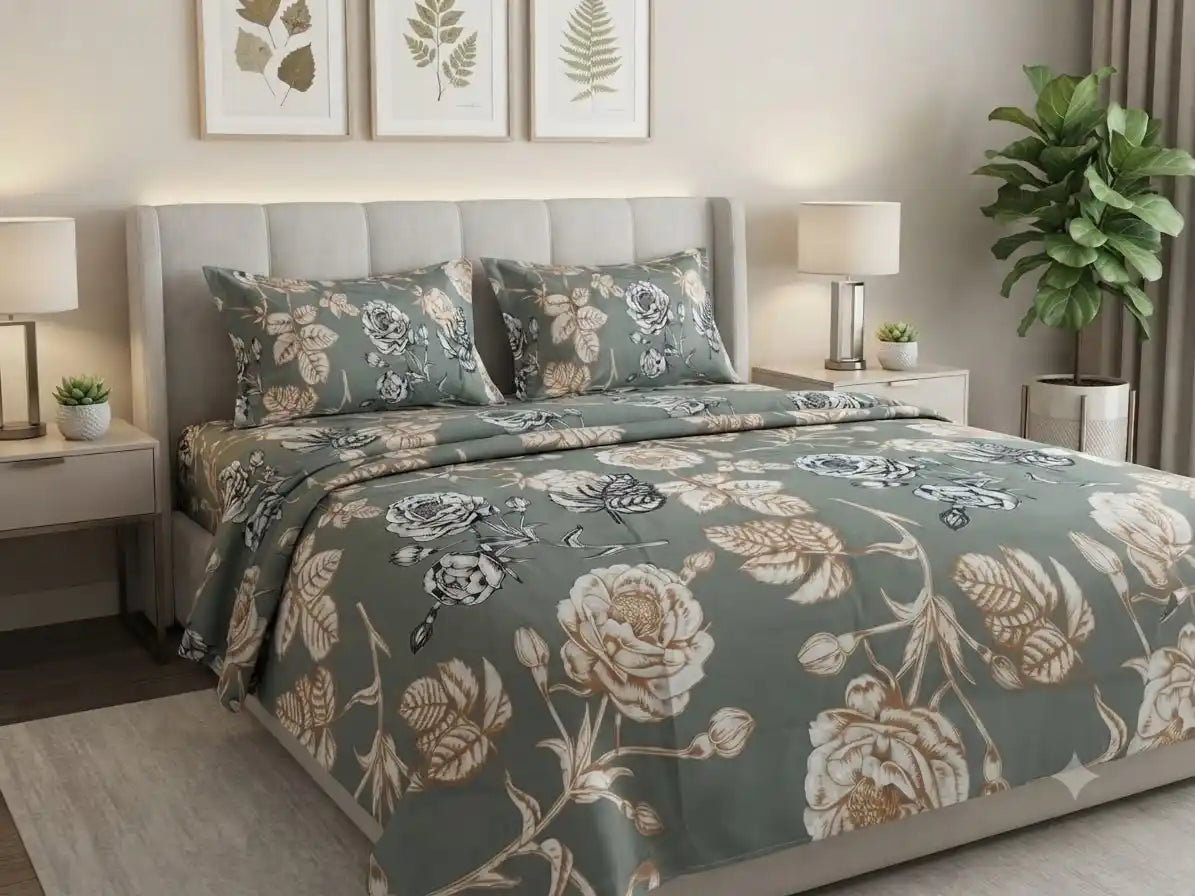 Cotton floral print queen bedsheet displayed on a stylish bed with decorative pillows and elegant room decor.