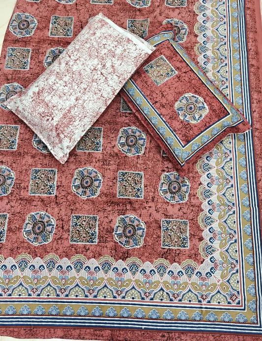 Super King Size Jaipuri Block Print Cotton Bedsheet 8x9 ft With 2 Pillow Covers by ASC Fashion Store